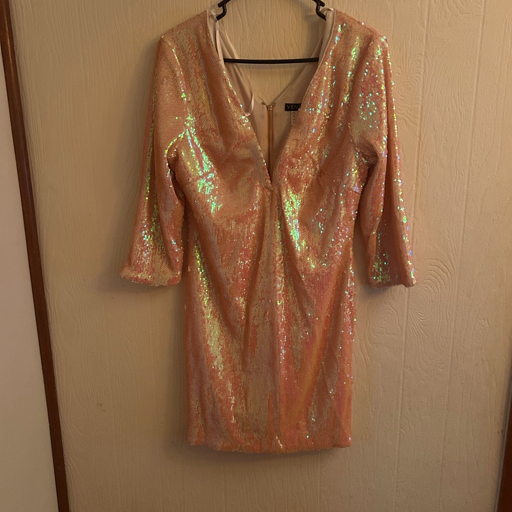 Sequin V-Neck Dress in Iridescent Pink